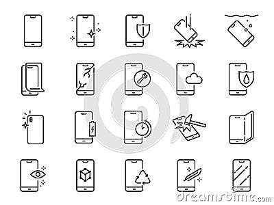 Smartphone protection line icon set. Included icons as city mobile phone, filter,Â screen protector, waterproof and more. Vector Illustration